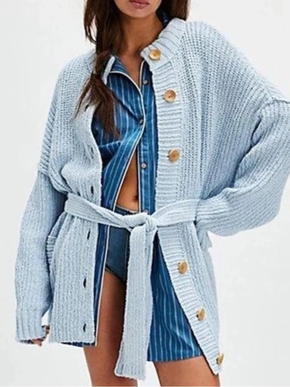 Free People Brooklyn Belted Cardi Sweater in Ballard Blue Size Small NWOT